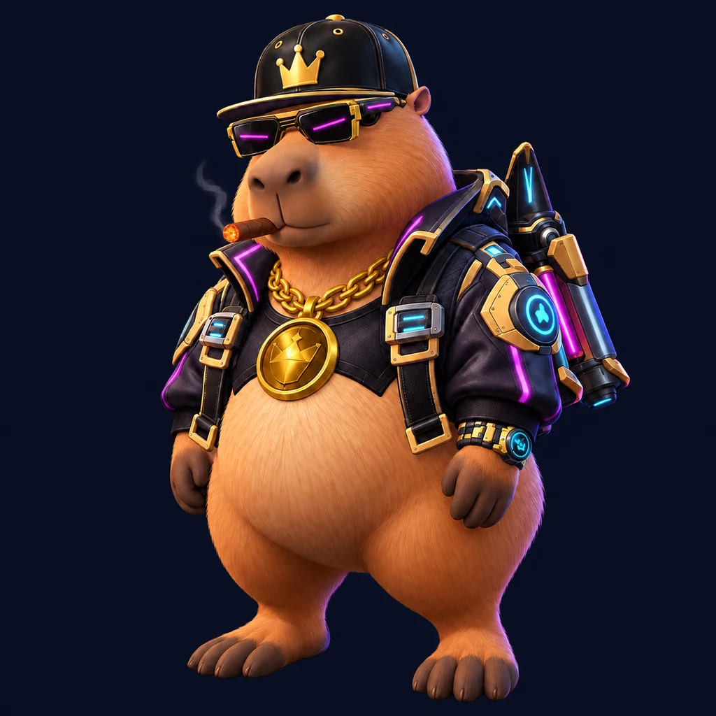 CAPY ASTRA in a crown cap, neon shades and jacket with a jetpack